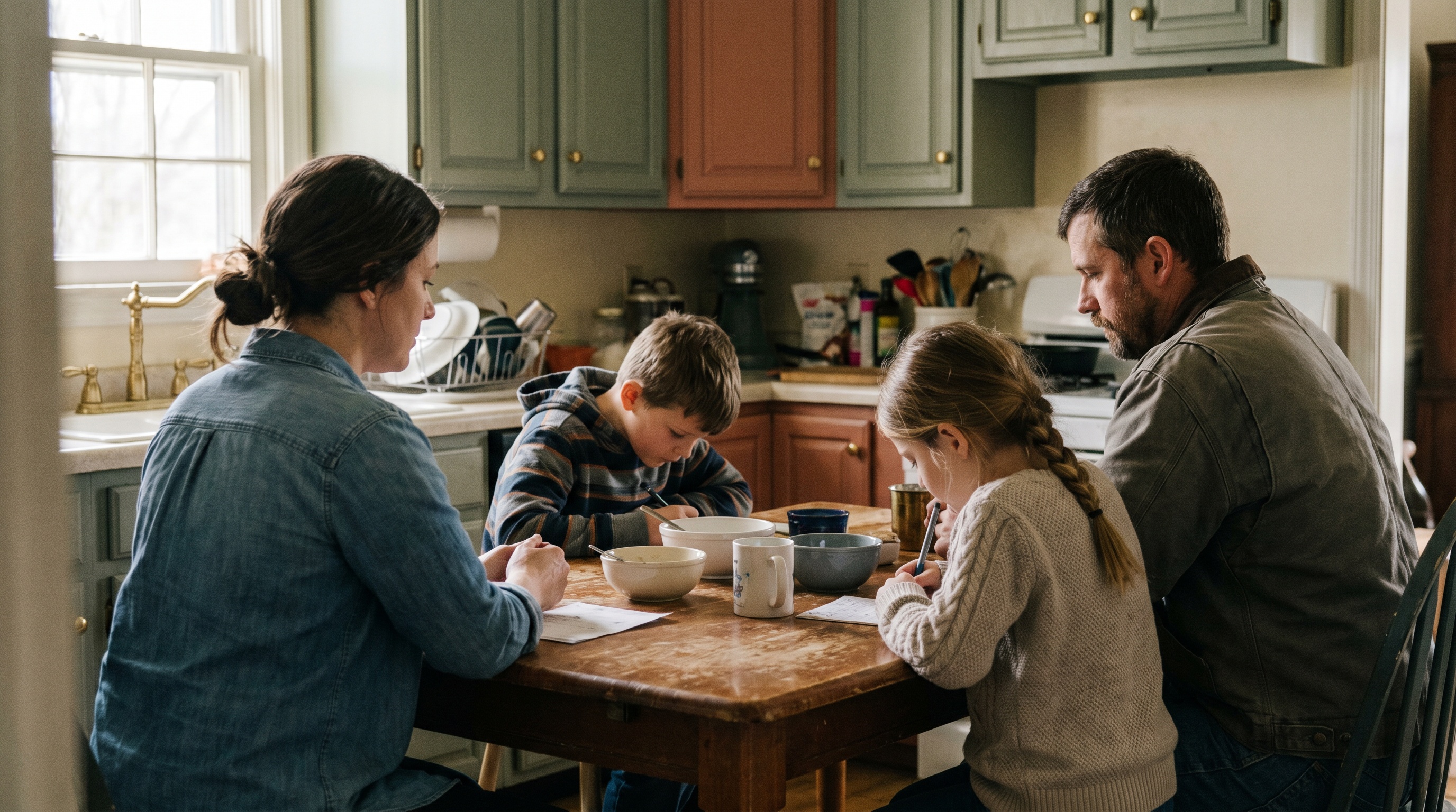 A Kentucky family of four gathered at their kitchen table, slate-blue and terra-cotta painted cabinets behind them, late afternoon light.